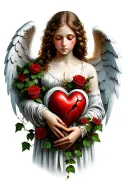 A beautiful angel with a real face that around her ivy and red roses and in her hands a broken heart for the forearm. tattoo design idea