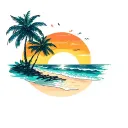 sunset and coconut tree and beach scene tattoo design idea