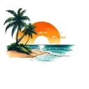 sunset and coconut tree and beach scene tattoo design idea