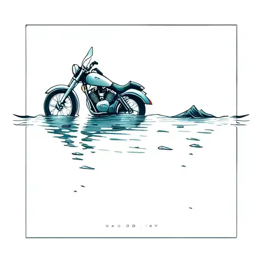 A minimalistic line art tattoo design of a small motorcycle half-submerged in water, symbolizing flooding. The bike appe tattoo design idea