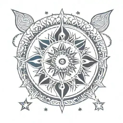 sun, moon and stars in blue and white, mandala style tattoo design idea