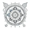 sun, moon and stars in blue and white, mandala style tattoo design idea