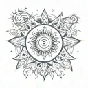 sun, moon and stars in blue and white, mandala style tattoo design idea