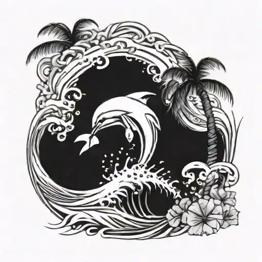 palm tree, ocean wave, dolphin tattoo design idea