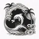 palm tree, ocean wave, dolphin tattoo design idea