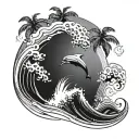 palm tree, ocean wave, dolphin tattoo design idea