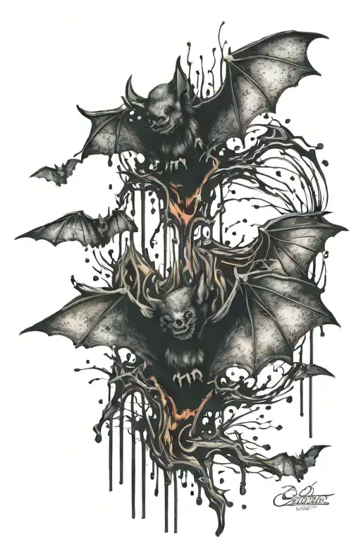 dripping bats flying tattoo design idea