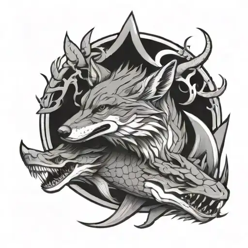 Coyote, dragon, and shark entwined together tattoo design idea