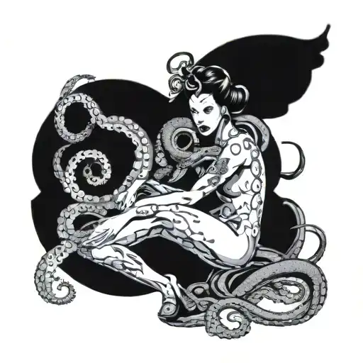 Octopus fight samurai girl nude woman holding tattoo design idea