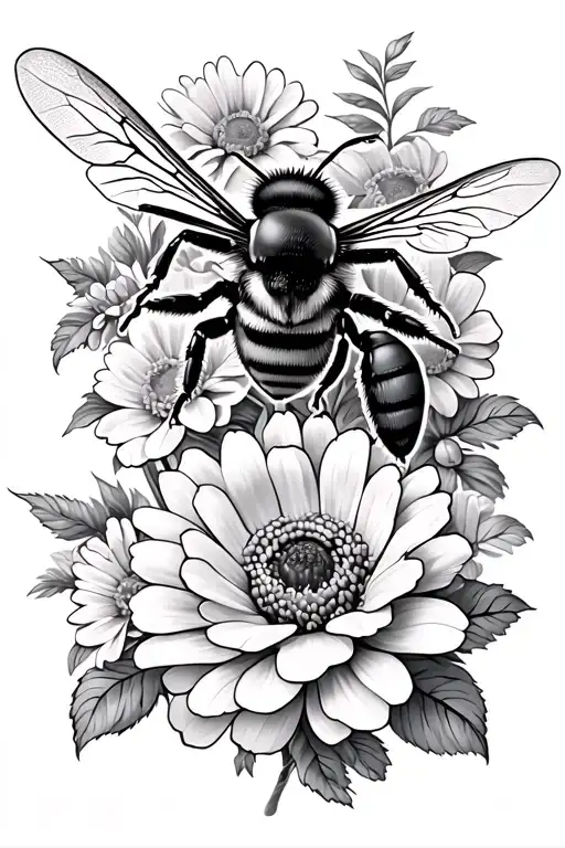 Realistic honey bee, with 6 legs showing, flying over a cluster of flowers, including roses, peonies, african daisies. tattoo design idea