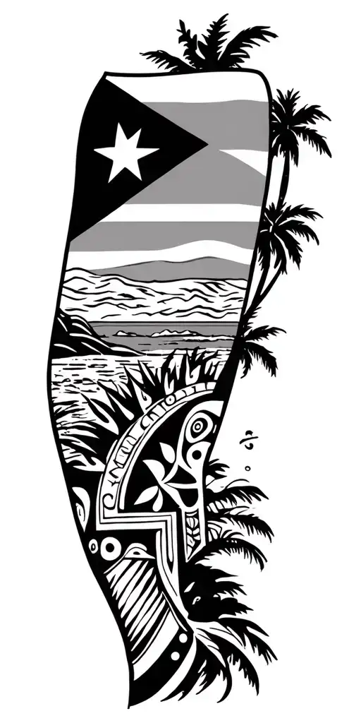 arm sleeve that features Puerto Rican flag, beach, palm trees, the coqui, flag, and transitions into a Taino tribal tat tattoo design idea