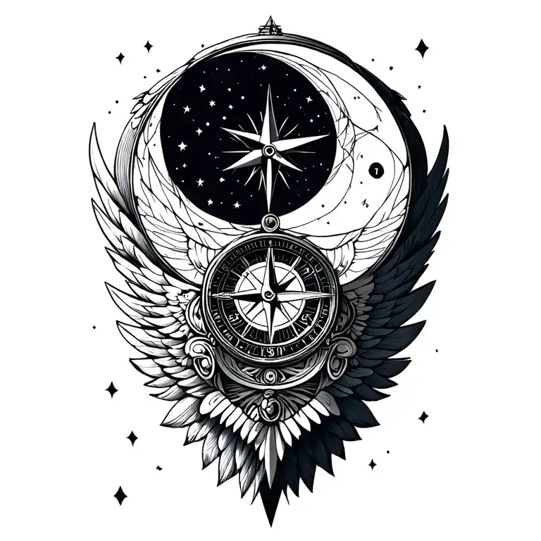 compass clock moon wing attached tattoo design idea