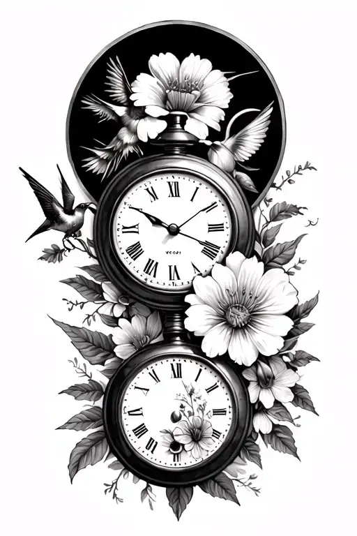 Half sleeve with birth flowers of March flower and pocket watch, may flower with hummingbird and November flower with bu tattoo design idea