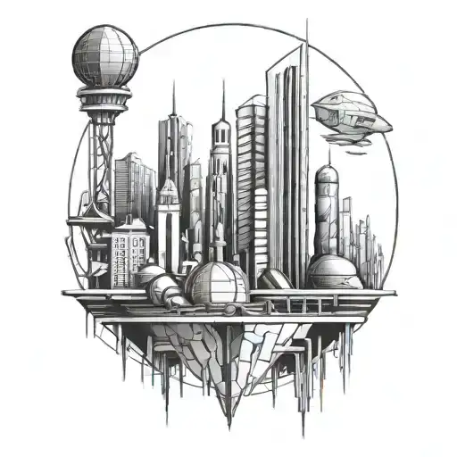 A futuristic cityscape incorporating elements of technology and education, symbolizing the client's passion for learning and progress tattoo design idea
