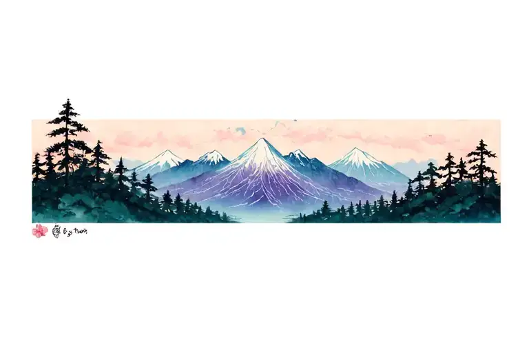 Forest and mountains with accent flowers intertwined colors amythest and topaz tattoo design idea