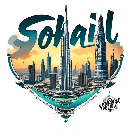 "Sohail" Create a highly detailed, full-color tattoo-style illustration featuring Dubai's iconic landmarks such as Burj Khalifa,  tattoo design idea