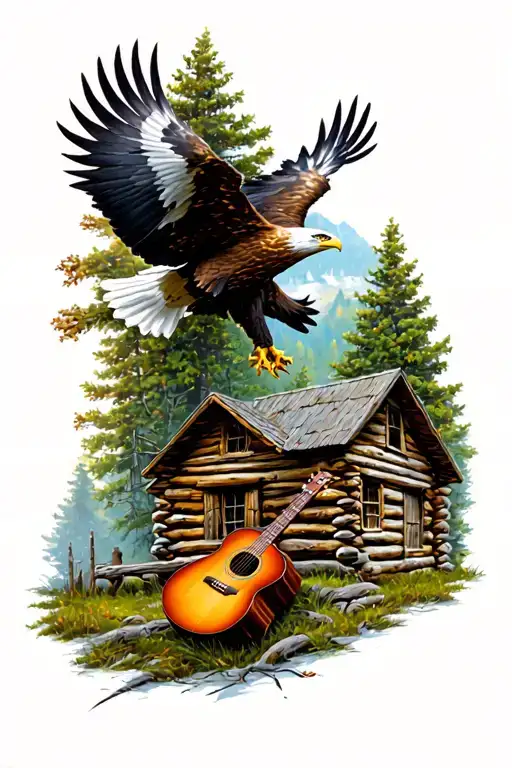 Log Cabin With An Acoustic Guitar In Front And An Eagle Flying Above. Nature Scene Tattoo tattoo design idea