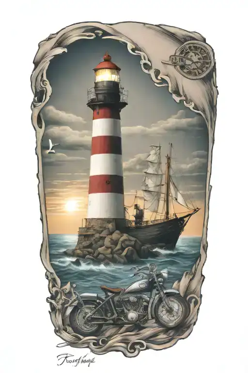 Light house, ships, Indians, motorcycles, tattoo design idea