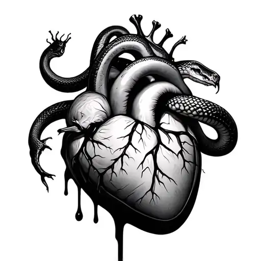 realistic heart being squeezed by a large snake with blood coming out the vains of the heart tattoo design idea