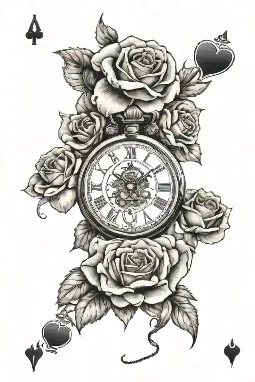 Pocket watch and Rose and Carnation and Playing Cards tattoo design idea