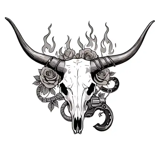 A bold, western-style back wrap featuring a longhorn skull, roses, barbed wire, revolver, snake and flaming horseshoe tattoo design idea