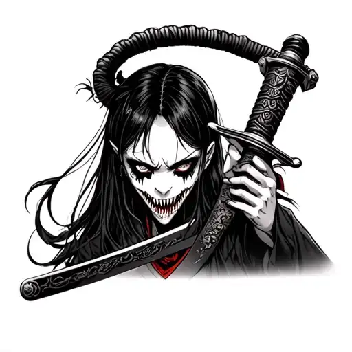 Japanese girl vampire with pronounced teeth with a samurai sword and a serious look at the forearm tattoo design idea