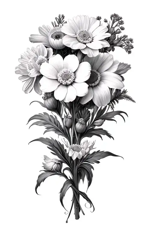 Black and white realisic Carnation, Daffodil, Daisy, Lily, Larkspur, Marigold, Chrysanthemum flowers that surround a cro tattoo design idea