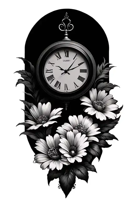 California, clock face, flowers tattoo design idea