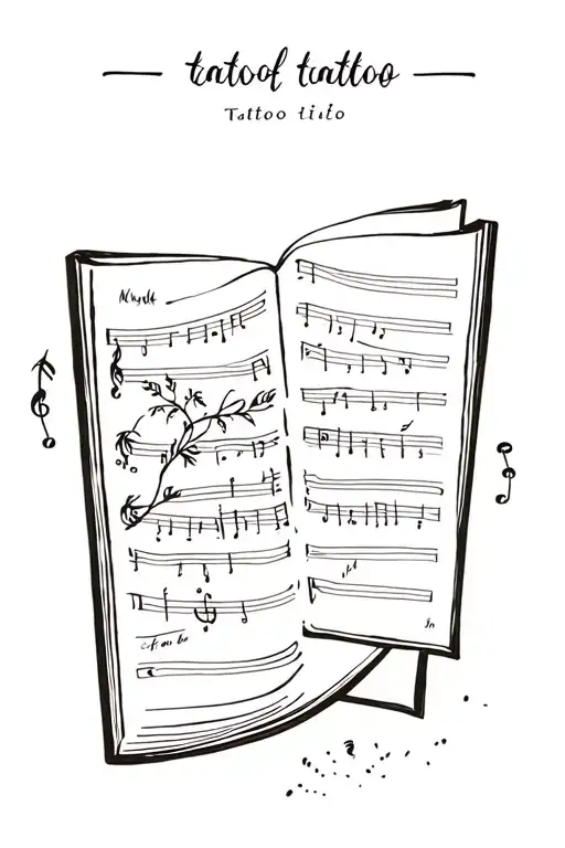 A minimalist tattoo of a book with musical notes as pages, incorporating elements of nature tattoo design idea