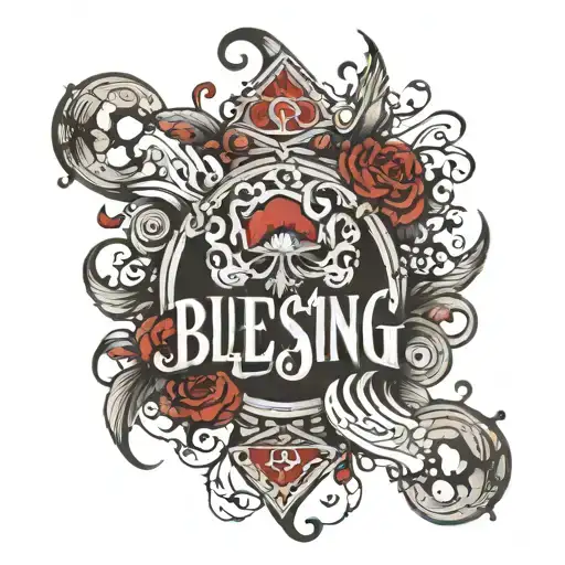the words Blessing Curse with a blood stain tattoo design idea