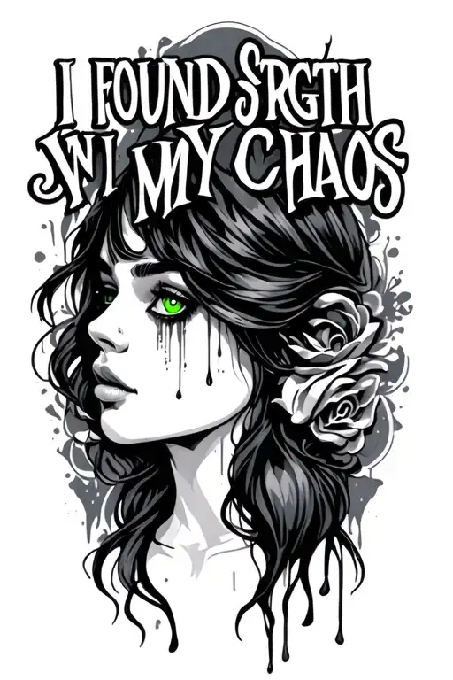 "I found strength in my chaos" woman with green eyes with tears tattoo design idea