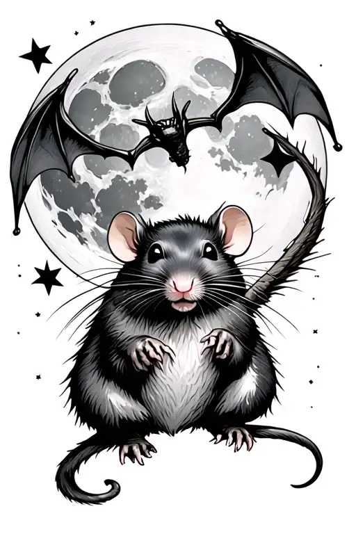 Rat with bat wings flying in front of a moon surrounded by stars tattoo design idea