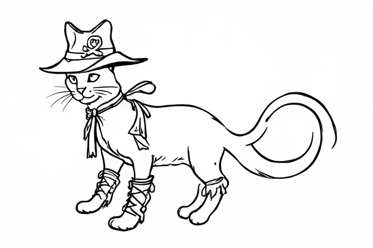 make a black tattoo sketch in the style of engraving with a walking cat pirate in boots and a cocked hat tattoo design idea