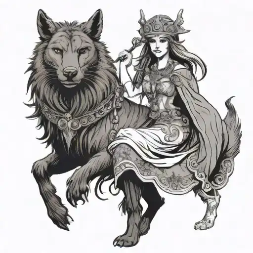  Norse Goddess Freya wearing a necklace and cloak, chariot pulled by 2 cats. Show a wild boar. Make her look Gypsy tattoo design idea