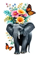 flowers, butterflies,  3 elephant tattoo design idea
