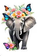 flowers, butterflies,  3 elephant tattoo design idea
