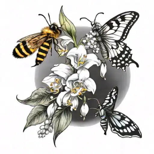 bee & butterfly with Lily of the valley tattoo design idea