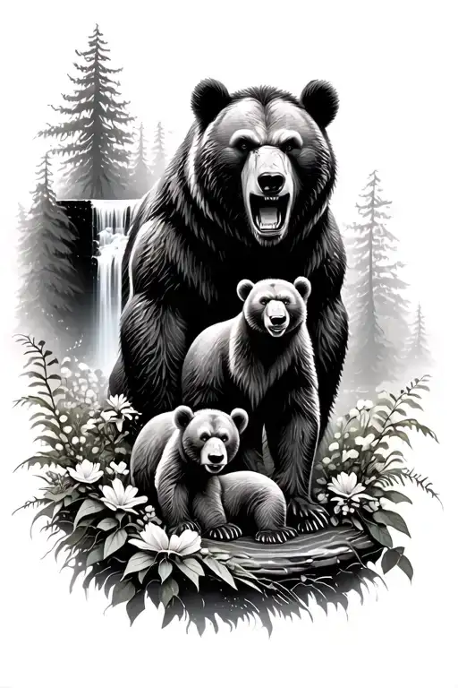 angry bear with two cubs in forest with waterfall cascading and flowers surrounding  tattoo design idea