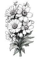 Daisy and sweat pea flower, Carnation, snowdrop flower, daffodil and jonquil flower, lily of the valley and hawthorn flo tattoo design idea