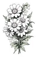 Daisy and sweat pea flower, Carnation, snowdrop flower, daffodil and jonquil flower, lily of the valley and hawthorn flo tattoo design idea