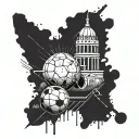 A football field with ancient historical symbols and artifacts scattered around, blending the client's passion for sports and ancient history tattoo design idea