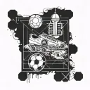 A football field with ancient historical symbols and artifacts scattered around, blending the client's passion for sports and ancient history tattoo design idea