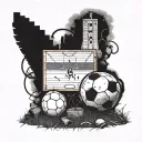 A football field with ancient historical symbols and artifacts scattered around, blending the client's passion for sports and ancient history tattoo design idea