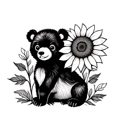 cute bear cub and sunflower tattoo design idea