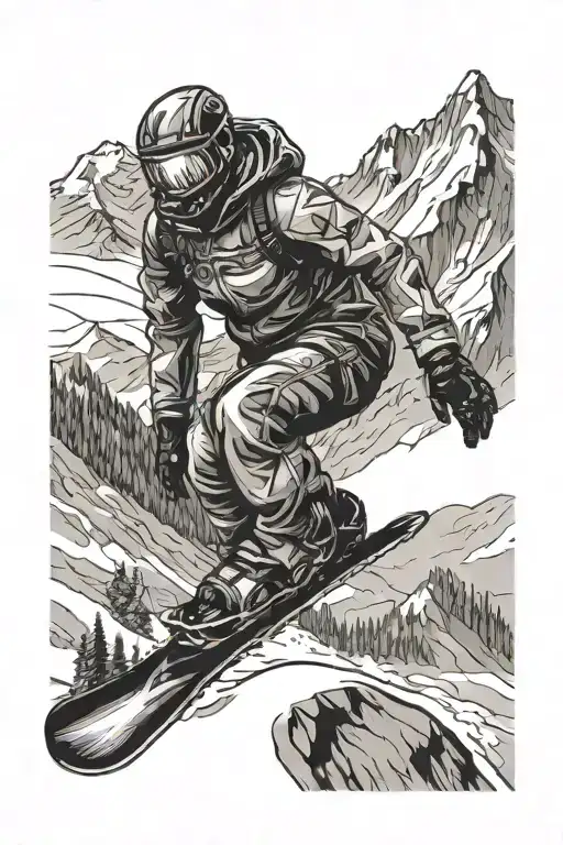 black and white sketch for tattoo in graphics snowboarder riding on snowboard in a slope against the background of large snowy mountains tattoo design idea