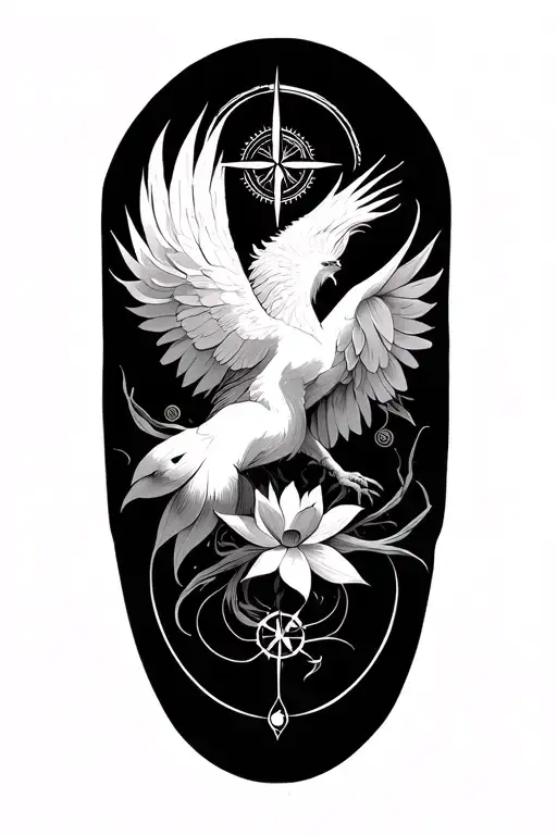 Lotus + Compass → start at the lower outer side of your upper arm (towards the side/tricep).Phoenix body rising upward tattoo design idea