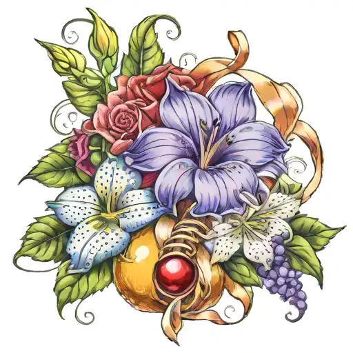 2 violets, holly with red balls, a rose, a calendula, a lily of the valley, a gladiolus, surrounded by a ribbon tattoo design idea