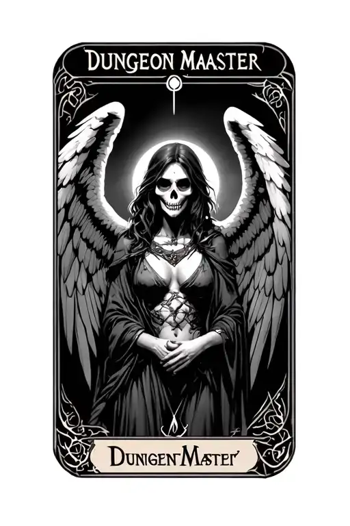 "Dungeon Master " death, Dungeons and dragons, tarot card, female angel of death, wings, d20, nsfw, partial nudity, boobs, tits, viscerals tattoo design idea