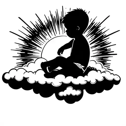 little boy silhouette sitting on cloud with sun rays behind it tattoo design idea