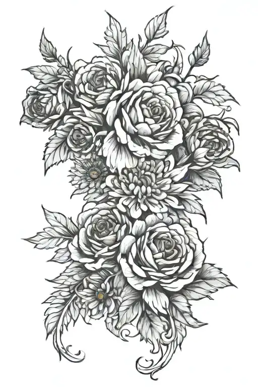 spine tatto with the flowers rose, poppy, aster, marigold, and norcissus tattoo design idea